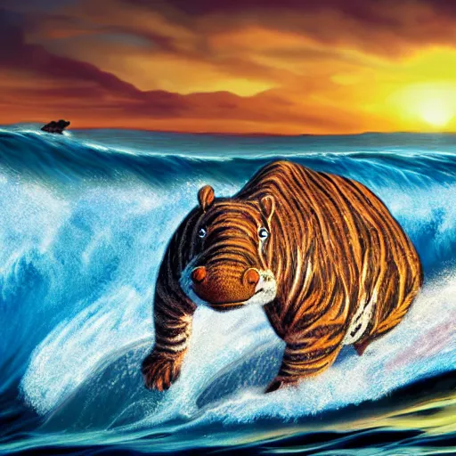 Image similar to a closeup photorealistic photograph of a smiling knitted tiger hippopotamus riding a large wave during sunset. surf in the background. professional capture. brightly lit scene. this 4 k hd image is trending on artstation, featured on behance, well - rendered, extra crisp, features intricate detail, epic composition and the style of unreal engine.