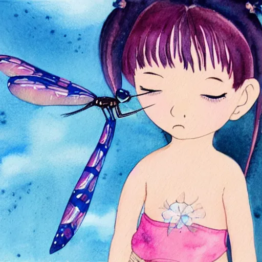 Image similar to award winning watercolor of a 3 0 year old auburn - headed fairy in short pigtails wearing a sparkly baby pink swimsuit with blue translucent dragonfly wings, against a cloudy blue sky backdrop, by hayao miyazaki