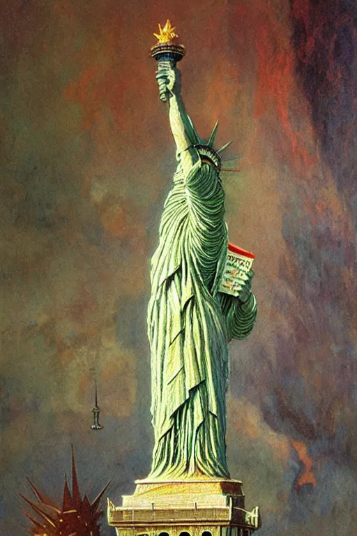 Image similar to psilocybin - hallucinations - statue - of - liberty, ( ( ( ( sharp focus, by gaston bussiere, bayard wu, giger, maxim verehin ) ) ) )