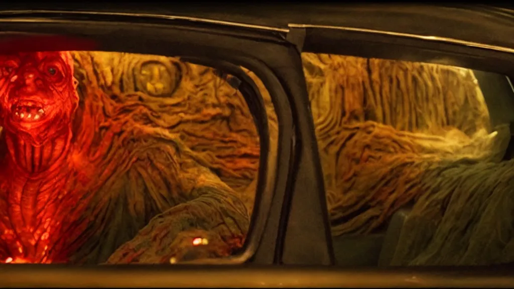 Image similar to the creature sits in a car, made of glowing wax, they stare at me, film still from the movie directed by denis villeneuve and david cronenberg with art direction by salvador dali, wide lens