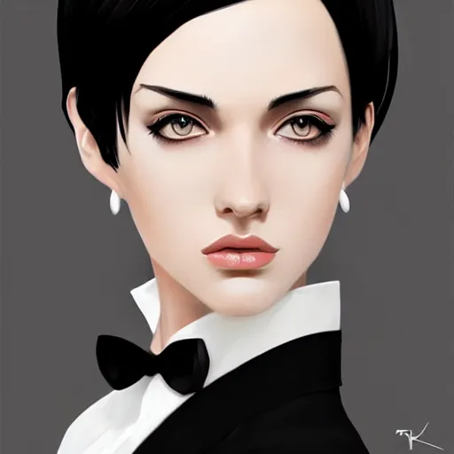 Image similar to slim girl in tuxedo with short black hair, elegant, 2d, ultra highly detailed, digital painting, smooth, sharp focus, artstation, portrait art by Ilya Kuvshinov