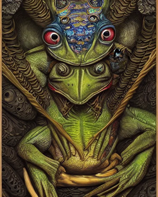 Prompt: digital painting of an aztec frog monster by filipe pagliuso and justin gerard, symmetric, fantasy, detailed, intricate, portrait, sharp focus, tarot card, handsome, gwent