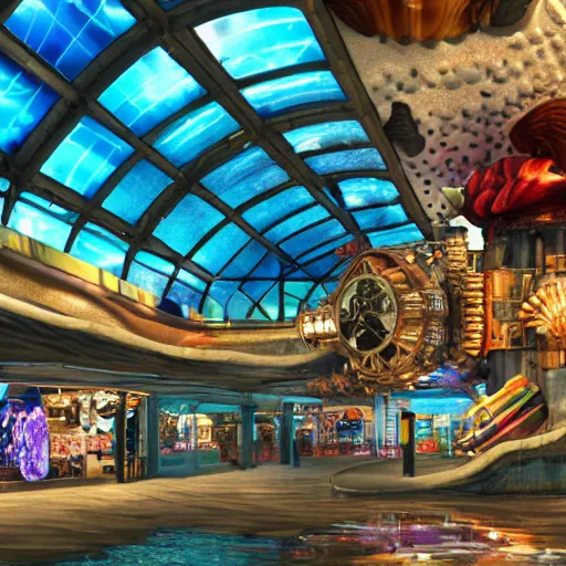 Image similar to undersea shopping center built from various sea shells, sea weed, light prisms, light diffraction, steampunk, cyberpunk, cool lights, anime, vhs distortion