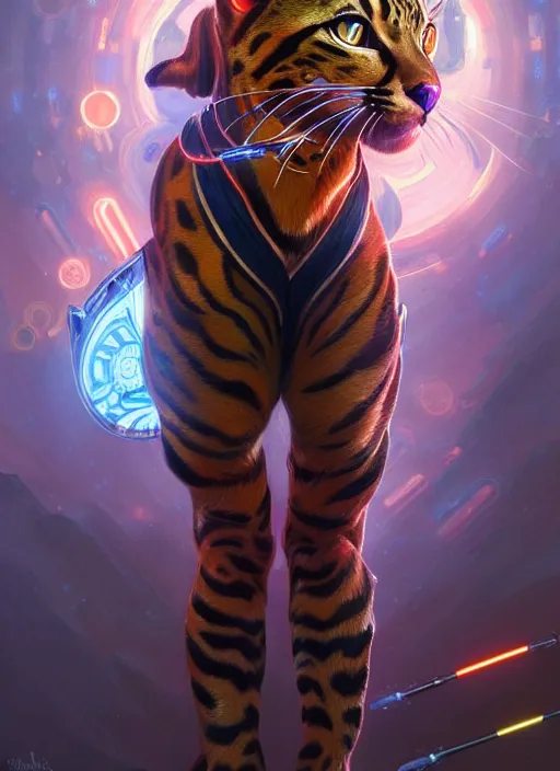 Image similar to full body portrait of a bengal cat in scifi battle armor, rgb led lights! intricate, elegant, highly detailed, digital painting, artstation, concept art, smooth, sharp focus, illustration, art by artgerm and greg rutkowski and alphonse mucha