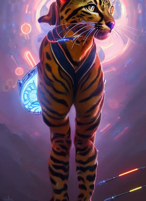 Prompt: full body portrait of a bengal cat in scifi battle armor, rgb led lights! intricate, elegant, highly detailed, digital painting, artstation, concept art, smooth, sharp focus, illustration, art by artgerm and greg rutkowski and alphonse mucha