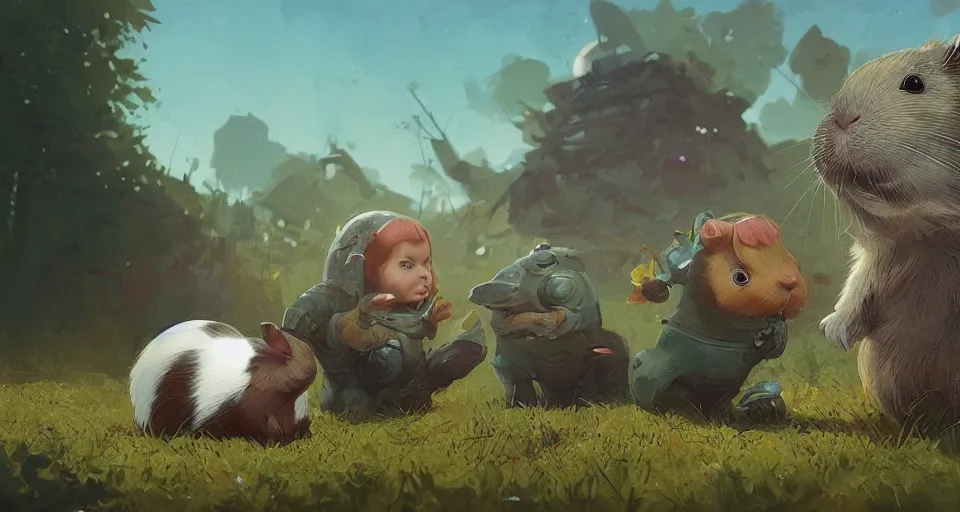 Image similar to a realistic cute guineapigs everywhere, by simon stalenhag, frank frazetta, greg rutkowski, beeple, yoko taro, christian macnevin, beeple, epic fantasy character art, volumetric outdoor lighting, midday, high fantasy, cgsociety, cheerful colours, full length, exquisite detail, post - processing, masterpiece, cinematic