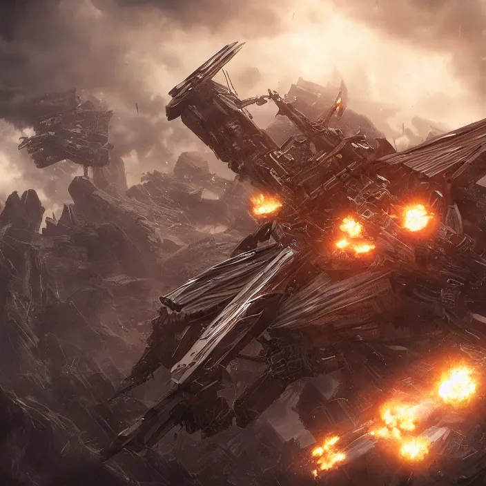 Image similar to mech - warrior rockets flying overhead, hyper - detailed, octane render, sharp focus, 4 k ultra hd, fantasy dark art, apocalyptic art