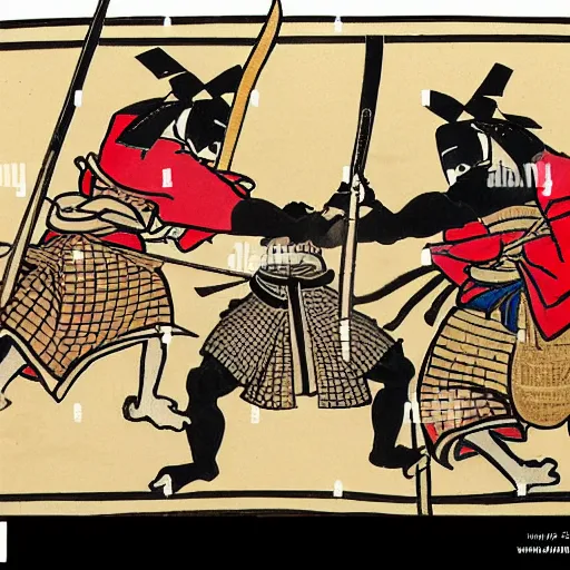 Prompt: two samurai battle each other with different banner, one with tortoise banner, one with wolf banner, wood block painting style, outline style, hand drawn style, hokusai style, circa 1 5 0 0 s, history, legendary battle, epic battle, breath taking, piece of history, museum collection, scretch, dust, grain, noise, on wood