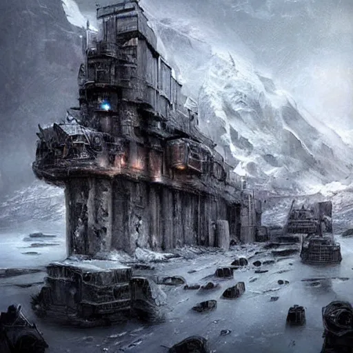 Image similar to ice city in 2 0 8 0, antarctica, technology, fantasy, landscape, 4 k, baptiste monge!!!!!!!!!!!!!!!!!!!!!, dark mood!!! overdetailed art