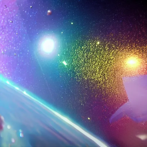 Image similar to glitter on space, raytracing, unreal engine tech demo, 5 5 mm