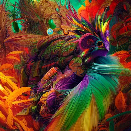 Prompt: A reality bending psychedelic ayahuasca experience, colorful, distorted, surreal, tropical bird feathers, dramatic lighting on the face, intricate, elegant, highly detailed, digital painting, concept art, smooth, sharp focus, fireflies illuminate small parts, illustration, art by Krenz Cushart and Wayne Barlowe and Jon Foster