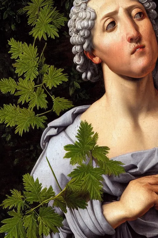 Image similar to renaissance painting of elder in the garden, closeup, short silver hair, face with scars, emotions closeup, dressed in roman armour, the beautiful garden with larch leaves everywhere, ultra detailed, art by Guido Reni style, Vincenzo Catena style