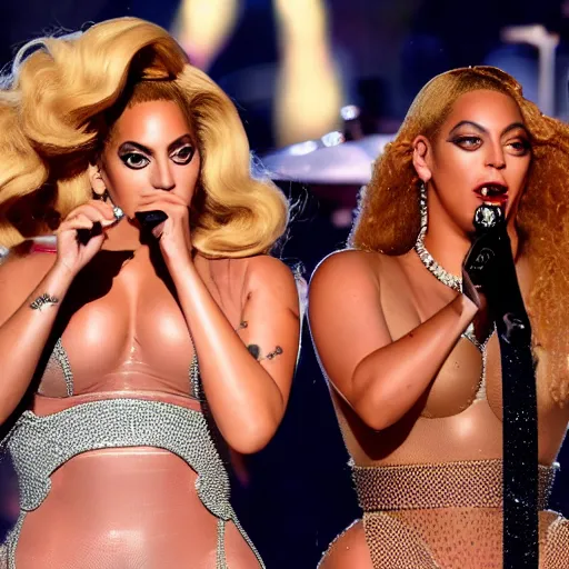 Image similar to Lady gaga and beyonce giving a concert, EOS 5D, ISO100, f/8, 1/125, 84mm, RAW Dual Pixel, Dolby Vision, HDR, AP, Featured