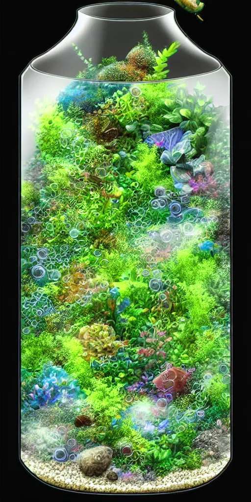 Prompt: graphic of enchanted terrarium, water flows inside the terrarium, digital art, highly detailed illustration, Yoshitaka Amano, golden ratio, rule of thirds