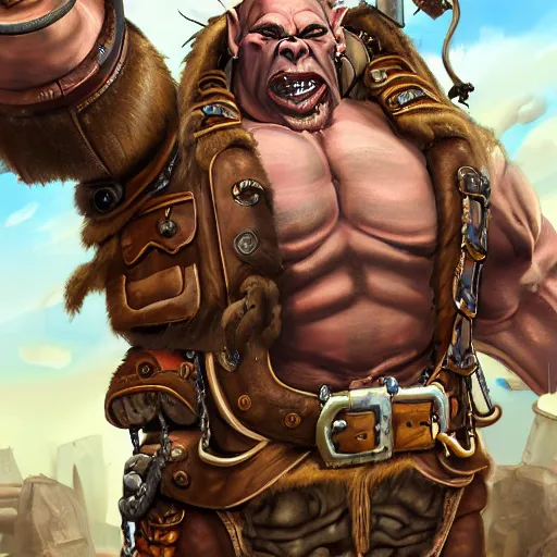 Image similar to portrait of a muscular, bald orc mechanic, wearing a heavy brown leather coat, wielding a wrench, tusks, steampunk setting, gears, airship, Warcraft character, dramatic lighting, high detail, digital art