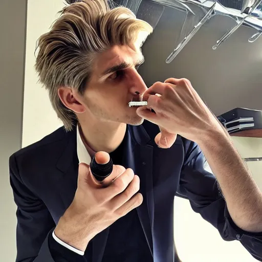 Image similar to a closeup photo of handsome gigachad xqc smoking