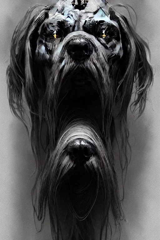 Image similar to dog as mourning crying phantom, very detailed face, detailed features, fantasy, circuitry, explosion, dramatic, intricate, elegant, highly detailed, digital painting, artstation, concept art, smooth, sharp focus, illustration, art by gustave dore, octane render