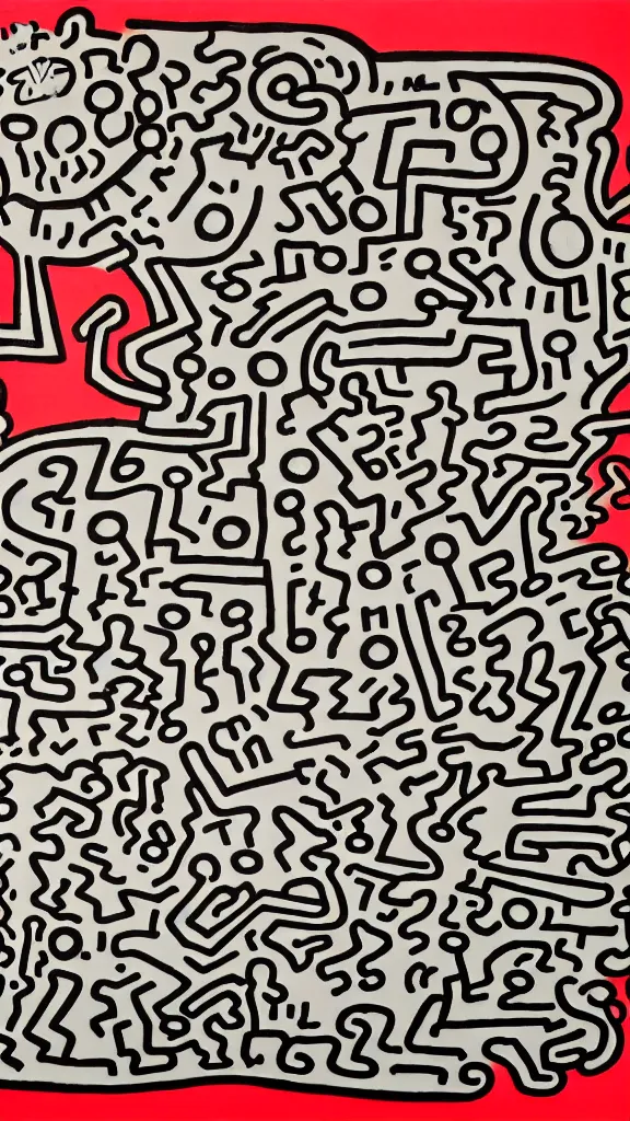 Prompt: Dog and cat,by Keith Haring.