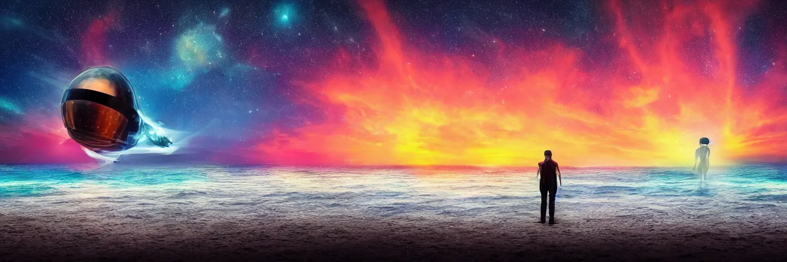 Image similar to a giant glowing spaceship floating in the ocean, an old soul standing on the beach overlooking, sunset and colorful sky with many stars