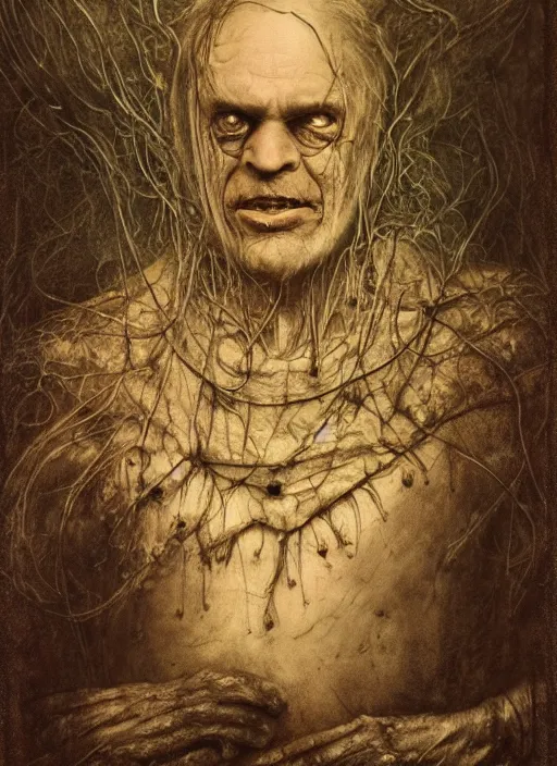 Prompt: cabinet card of russian prime minister by seb mckinnon and brian froud and bezinski and giger, henson creature workshop, realistic materials, creepy, textures, dark horror, photo realistic, photoreal, detailed, nightmare, sharp focus, 8 k, 4 k