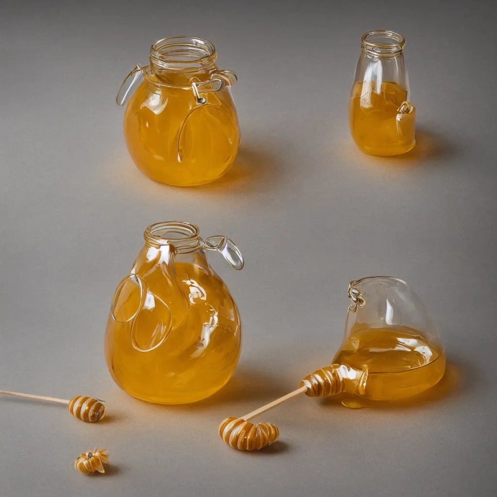 Image similar to klein bottle honey jar, product photography, beautiful studio photography, golden glowing honey