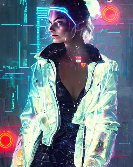 Image similar to neon operator margot robbie, cyberpunk futuristic neon, reflective puffy coat, decorated with traditional japanese ornaments by ismail inceoglu dragan bibin hans thoma greg rutkowski alexandros pyromallis nekro rene maritte illustrated, perfect face, fine details, realistic shaded, fine - face, pretty face