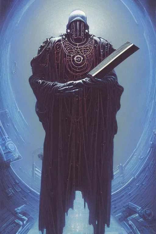 Prompt: painting of a cloaked tech priest holding a book, Adeptus Mechanicus!!!, cybernetic enhancements attached to his body, praise the omnissaiah, Zdzislaw Beksinski, Lewis Jones, mattias adolfsson, Warhammer 40K!!, cold hue's, warm tone gradient background, concept art, digital painting