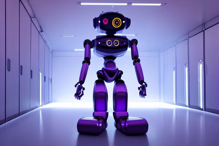 Image similar to hyperrealistic medium shot robot! in data center server highly detailed concept art eric zener elson peter cinematic hard purple lighting high angle hd 8 k sharp shallow depth of field, inspired by denis villeneuve and stanley kubrick