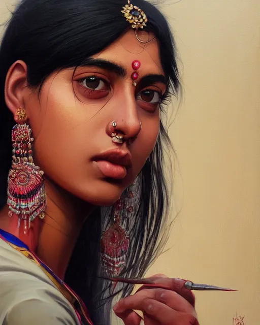 Prompt: a highly realistic, true to life portrait of a young indian woman, sharp focus, by ilya kuvshinov, by wlop, by tom bagshaw, trending on artstation, cinematic lighting, hyper realism, octane render, 8 k, hyper detailed.