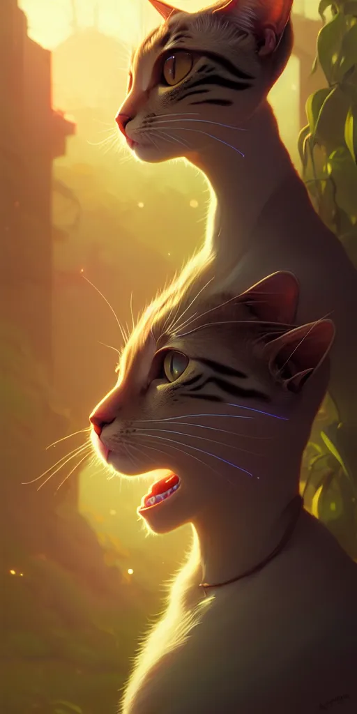 Image similar to portrait of humanoid cat, highly detailed vfx portrait, unreal engine, greg rutkowski, loish, rhads, beeple, makoto shinkai and lois van baarle, ilya kuvshinov, rossdraws, tom bagshaw, alphonse mucha, global illumination, detailed and intricate environment