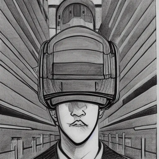 Image similar to a m. c. escher style drawing of a man with a vr helmet