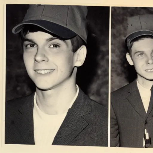 Image similar to a yearbook photo of Jughead Jones in 1966, he is wearing a hat that resembles a crown