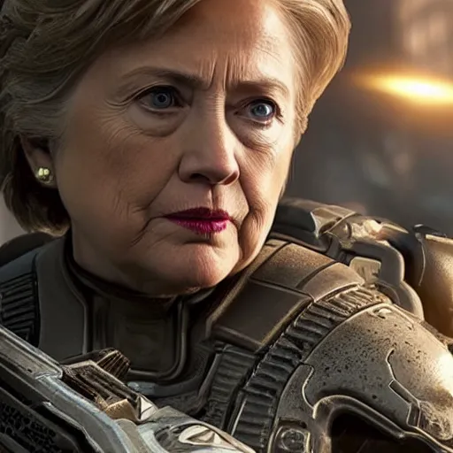 Prompt: hillary clinton in gears of war, splash art, movie still, detailed face, photorealistic facial features, cinematic lighting, dramatic, octane render, long lens, shallow depth of field, bokeh, anamorphic lens flare, 8 k, hyper detailed, 3 5 mm film grain