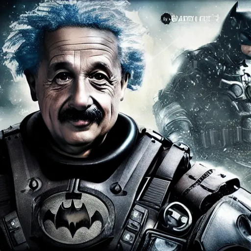 Image similar to 'Albert Einstein'! as (Batman) in Gears of War, splash art, movie still, detailed face, cinematic lighting, dramatic, octane render, long lens, shallow depth of field, bokeh, anamorphic lens flare, 8k, hyper detailed, 35mm film grain