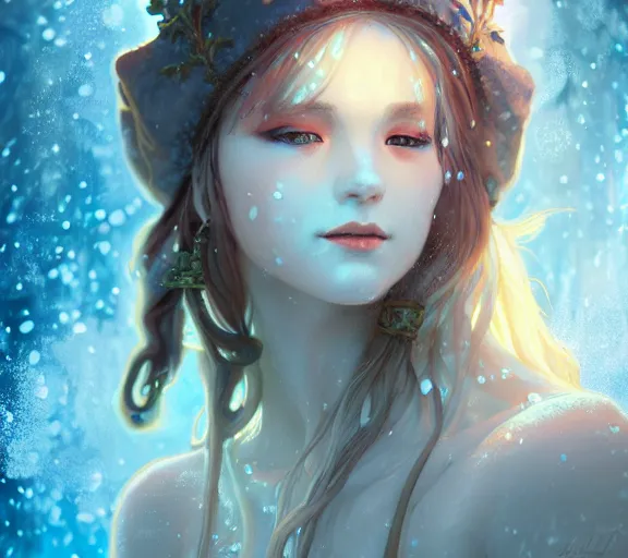 Image similar to beautiful ancient frost witch, fire in eye, snow glow, pool party, highly detailed, digital painting, artstation, sharp focus, illustration, art by tan zi and ayanamikodon and alphonse mucha and wlop!