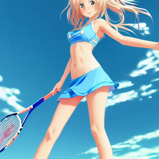 Image similar to a very beautiful young anime tennis girl, full body, long wavy blond hair, sky blue eyes, full round face,, bikini, miniskirt, front view, mid - shot, highly detailed, cinematic wallpaper by stanley artgerm lau