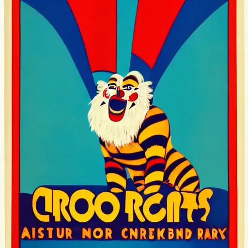 Prompt: poster advertising a circus, printed poster, creepy clown, roaring lion, 1 9 4 0 circus poster