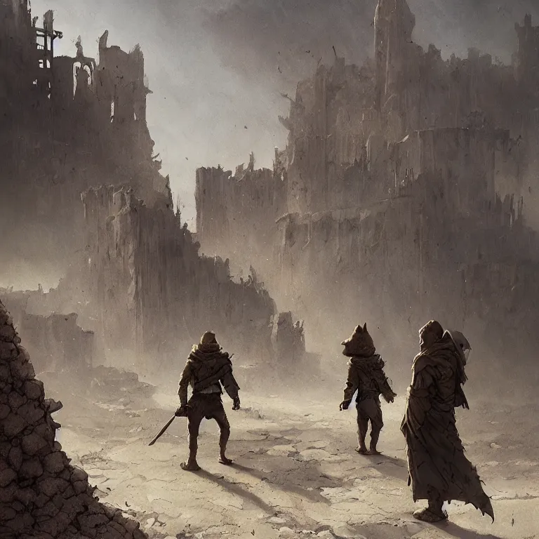 Image similar to shrek wearing a ragged cloak wandering a post apocalyptic desert wasteland with ruins of civilization, cinematic, digital art by greg rutkowski