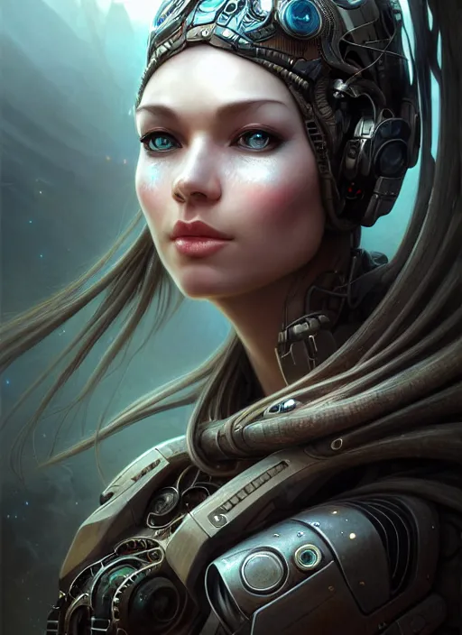 Image similar to closeup portrait shot of cyber girl wearing a bandana in a scenic dystopian environment, intricate, elegant, highly detailed, centered, digital painting, artstation, concept art, smooth, sharp focus, illustration, artgerm, tomasz alen kopera, peter mohrbacher, donato giancola, joseph christian leyendecker, wlop, boris vallejo