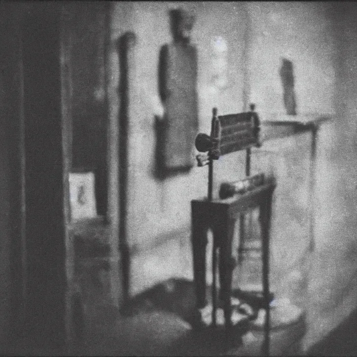 Image similar to an object on display in an ethnographic museum, film still, cinematic, out of focus, enhanced, 1 9 2 0 s, black and white, grain