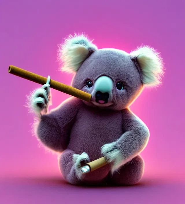 Image similar to high quality 3 d render hyperrealistic very cute small pink koala smoking weed joint, smoke rising from the joint, plush mascot, short spiky dense fluffy smooth hair, photo from the side, pink fluffy fur, 1 5 0 mm, beautiful natural soft light, rim light, smooth background, artstation, ultra detailed, elegant, ultra detailed, metallic armor, octane render