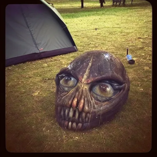 Prompt: Guys! Look at what I found at the campsite! I’m really confused it looks sort of alien like. It is outside my friends tent and it’s giant. I’m kind of scared.