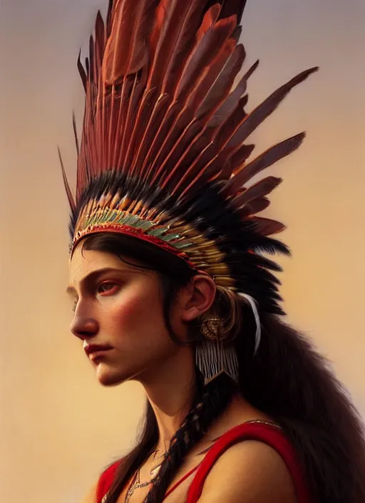 Image similar to gorgeous redskin woman wearing headdress, intricate, elegant, highly detailed, artstation, concept art, smooth, sharp focus, illustration, art by greg rutkowski and stefan kostic and bouguereau