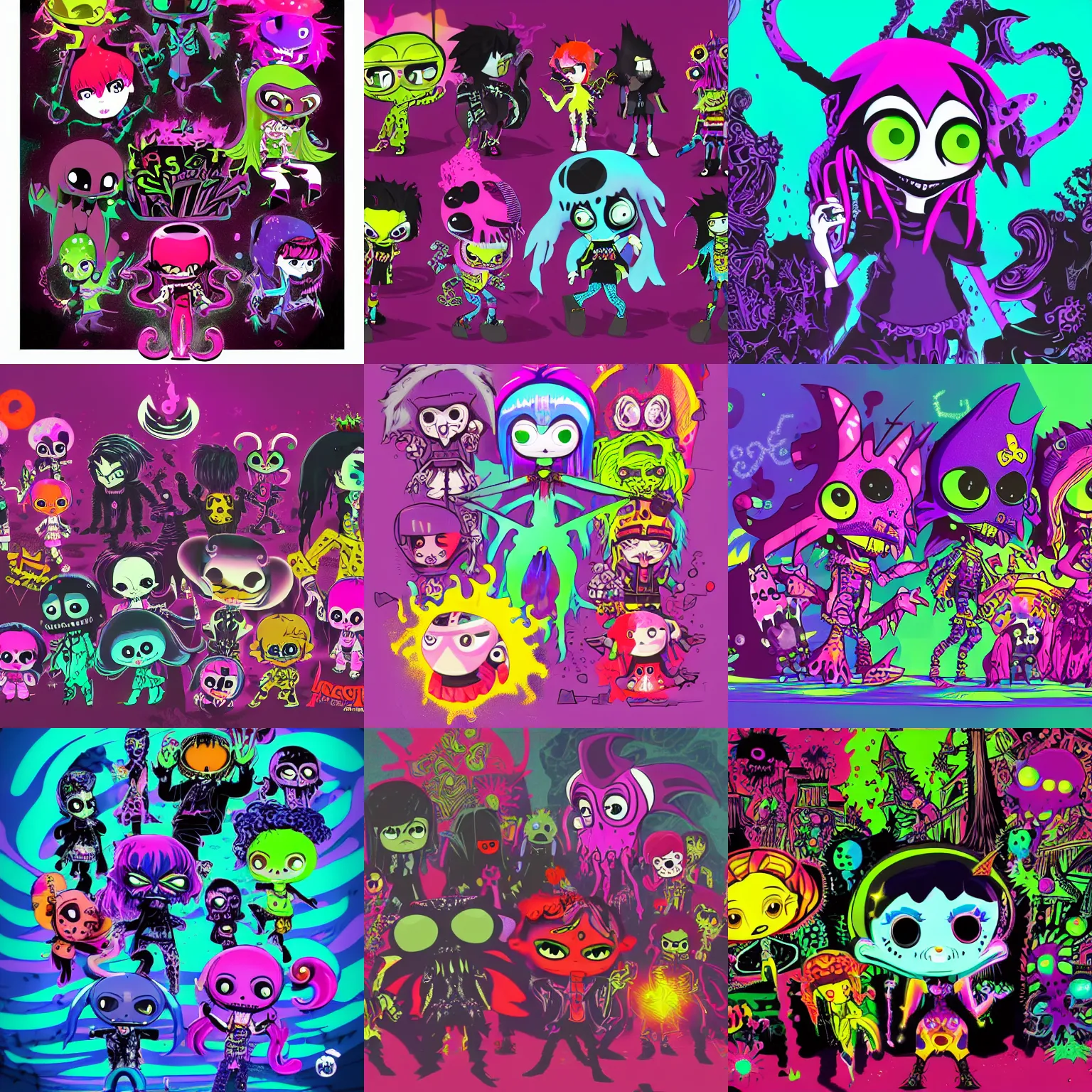 Prompt: CGI lisa frank gothic punk vampiric rockstar underwater chromatic aberration vampire squid background designs of various shapes and sizes by genndy tartakovsky and ruby gloom by martin hsu and the creators of fret nice at pieces interactive and splatoon by nintendo and psychonauts by doublefines tim shafer being overseen by Jamie Hewlett from gorillaz for splatoon by nintendo