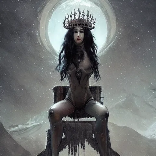 Image similar to of a beautiful black haired woman with pale skin and a crown on her head sitted on an intricate metal throne in eerie atmospheric alien worlds, epic cinematic matte painting, art by greg rutkowski