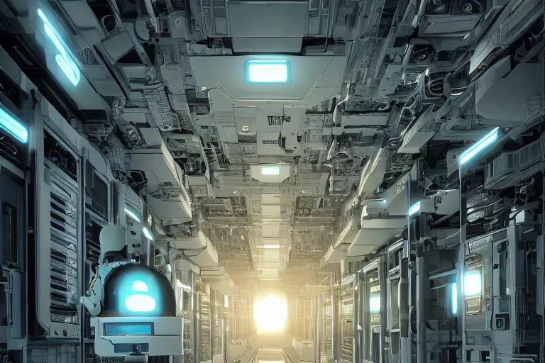 Image similar to parallax datacenter server room single mono colossus white rusty android robosaurus artstation cinematic detailed concept art volumetric light sharp coherent cgsociety symmetric perfect well balanced proportional