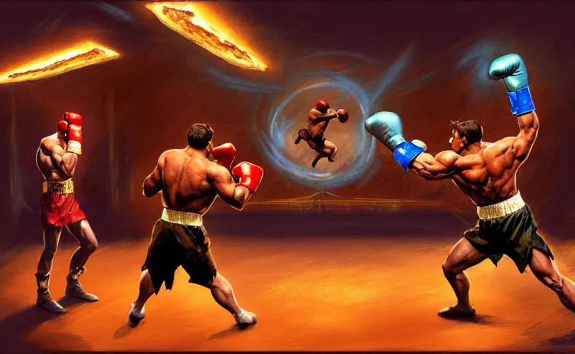 Prompt: a piece of toast boxing ; magic : the gathering fantasy concept art of a piece of toast that is a boxer, by frank frazetta and marco bucci, high resolution. boxing ring in the background, dramatic stadium lighting, fantasy coloring, intricate, digital painting, artstation, smooth, sharp focus