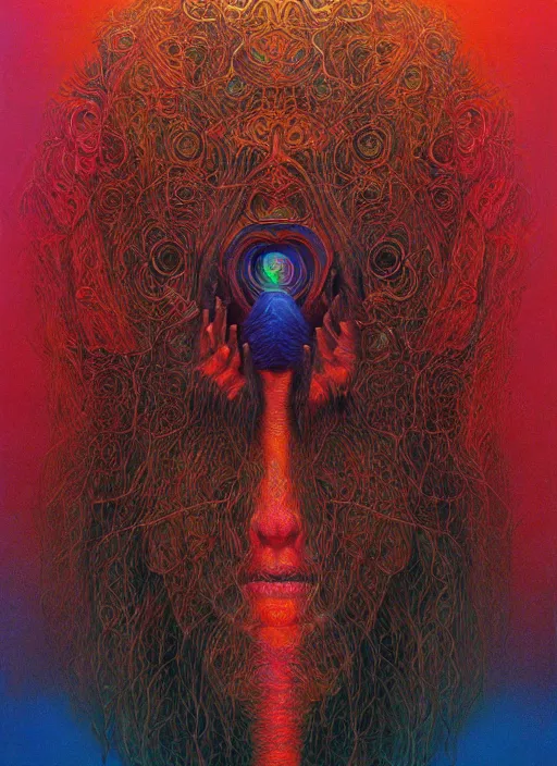 Prompt: psychedelic shaman, portrait, digital painting, highly detailed, intricate, trending on artstation, by zdzisław beksiński