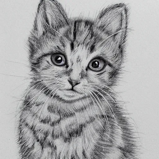 Image similar to single line drawing of a cute kitten, blue ink pen