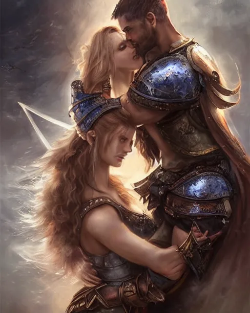 Prompt: a beautiful female and male warrior embrace, 8 k, hyperrealistic, dragon slayer, hyperdetailed, fantasy portrait by laura sava